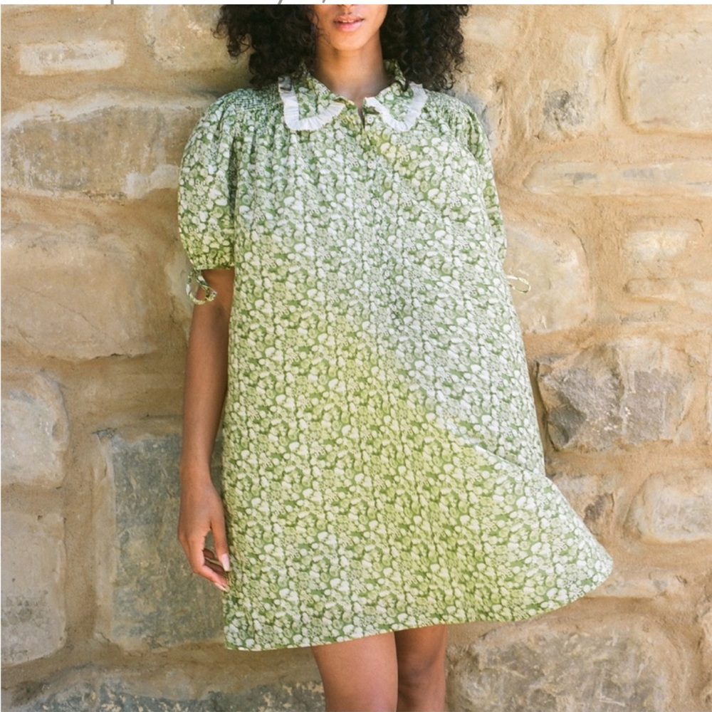 Christy Dawn Devin Green Fruit Print Ruffle Collar Tie Sleeve Mini Dress, XS